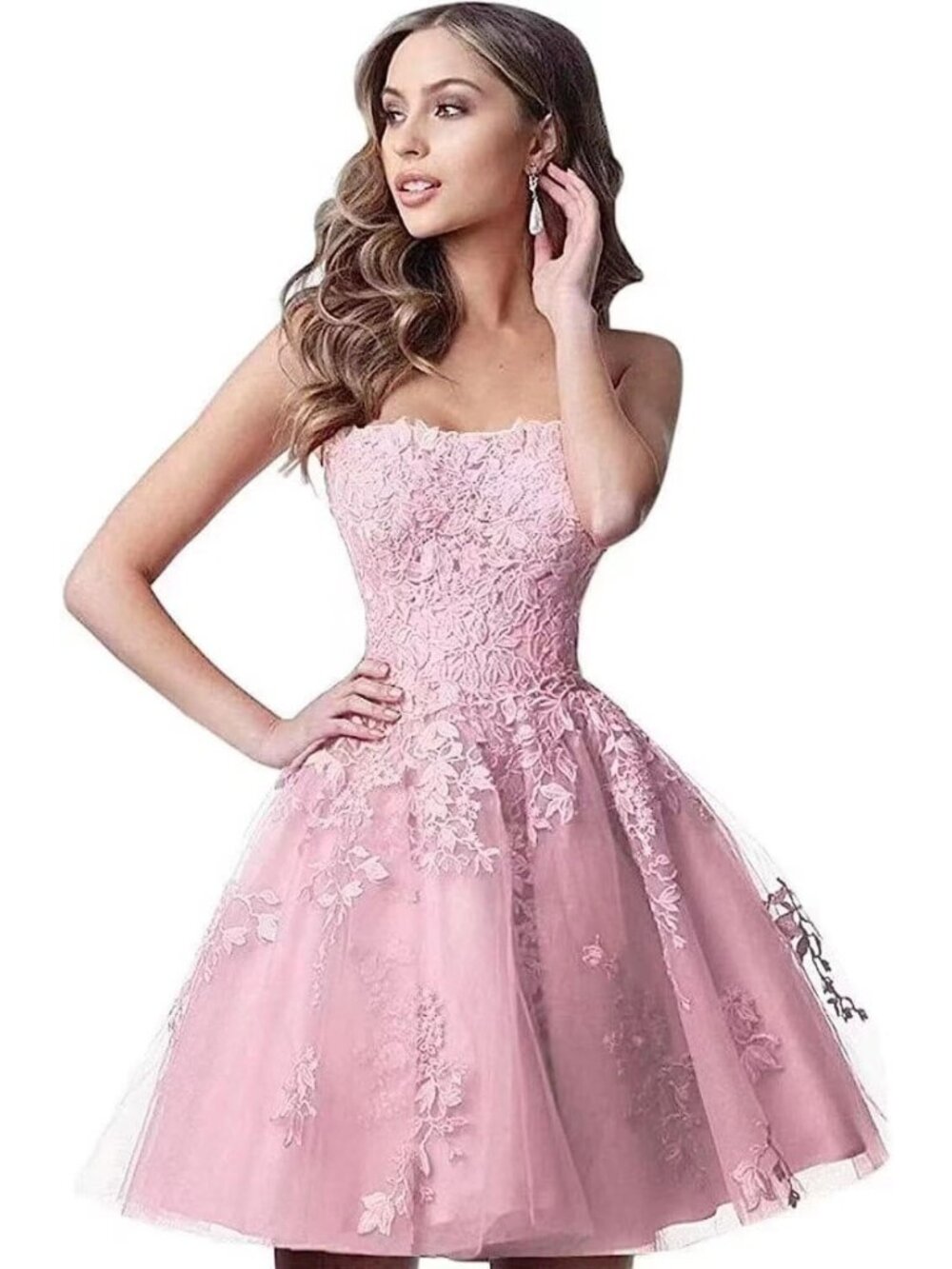 Pink Lace Strapless Short A Line Homecoming Cocktail Party Dress Sz 2